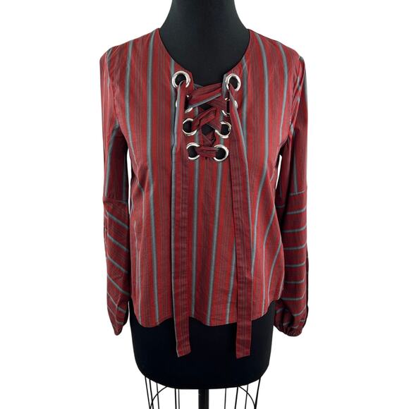 JOA Striped Lace-Up Blouse Red Long Sleeve Grommet Detail Pullover Top Size S - Picture 1 of 8